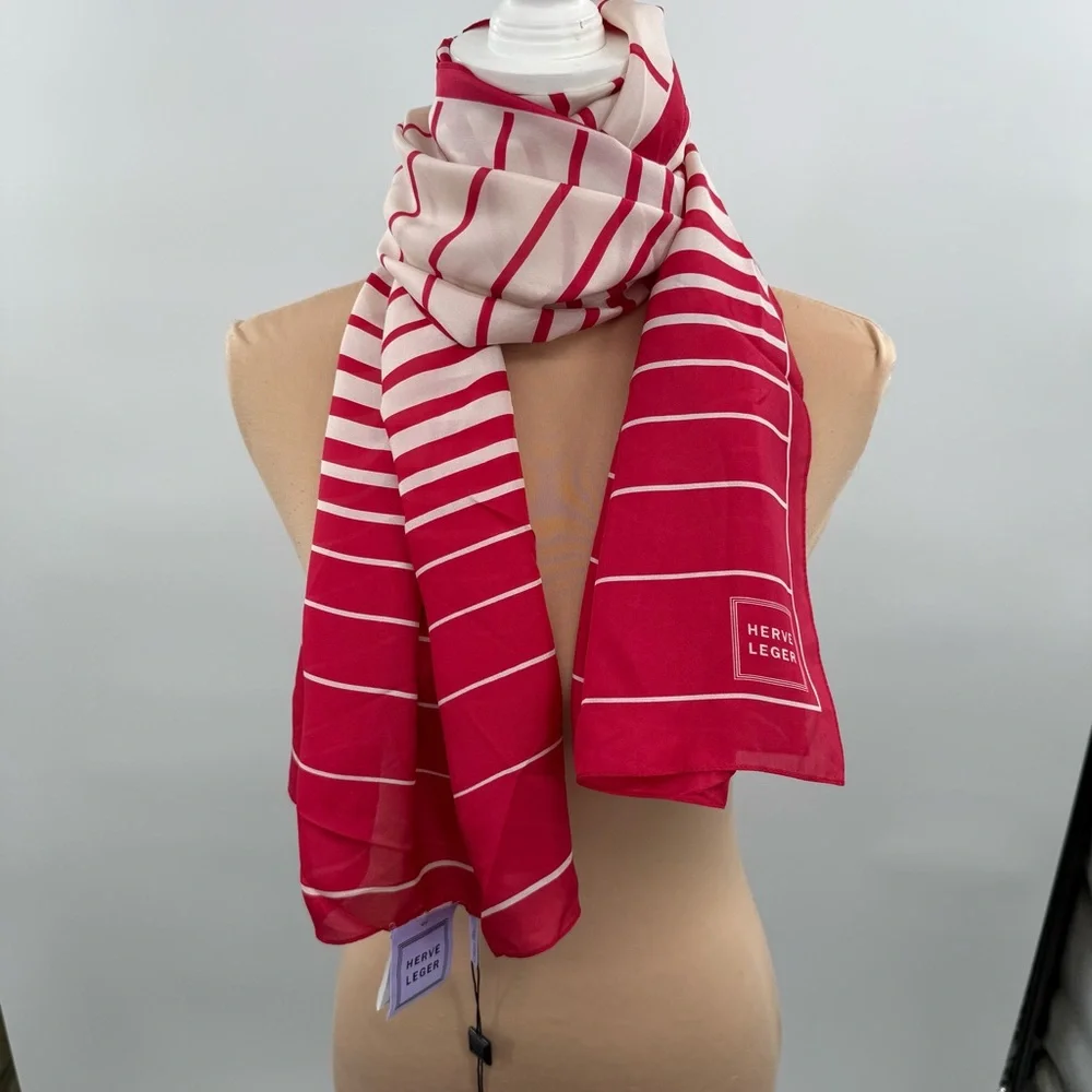 Herve Leger 100% Silk Striped Scarf Red White OS New With Tags